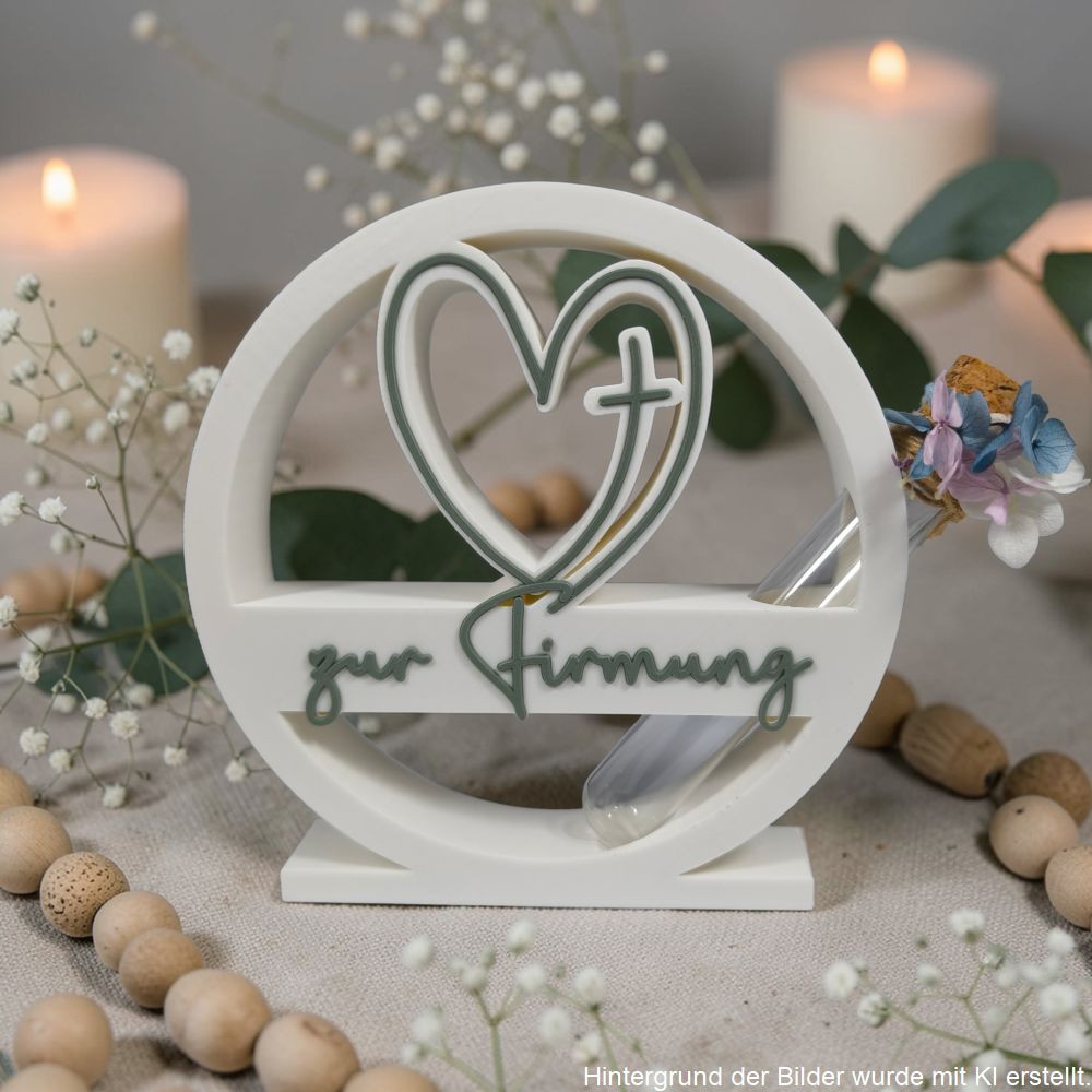 Firmungs-Deko mit Herz- und Kreuzmotiv, „zur Firmung“-Schriftzug und kleinem Glasröhrchen mit Trockenblumen,